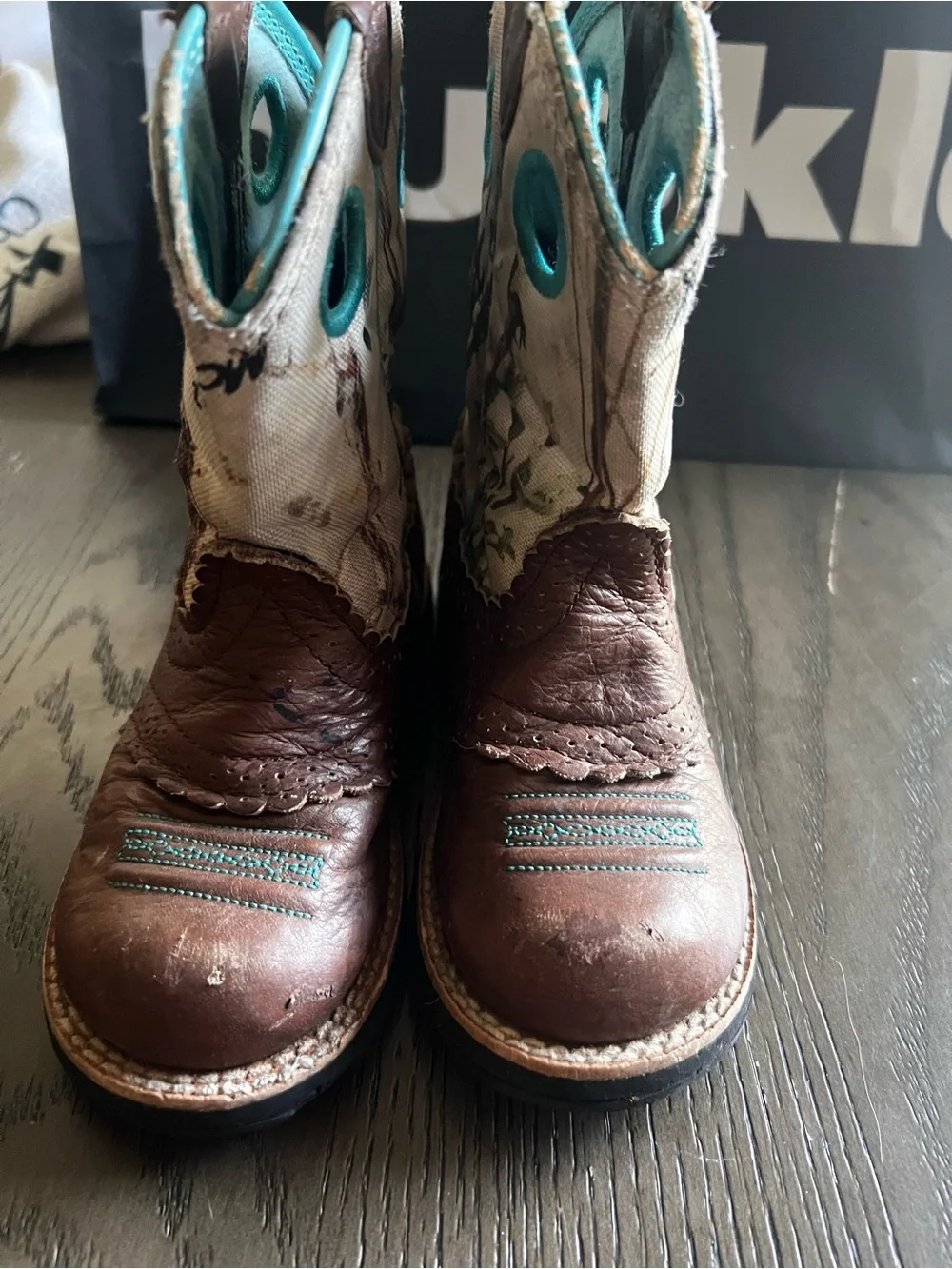 Ariat Brown Leather Kids Cowboy Boots with Teal Accents